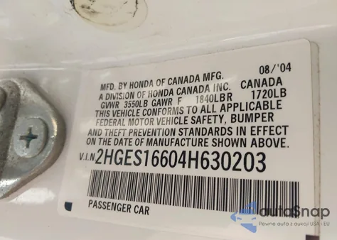 2004 Honda Civic Lx из США, поврежденный, VIN 2HGES16604H630203